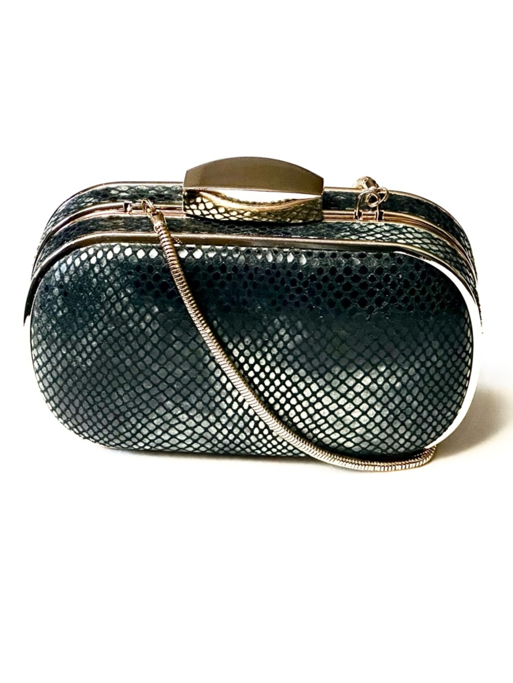 INC Black Metallic Snake Print Embossed Evening Clutch with Gold Chain